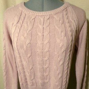 FRESHMAN Cable knit Pearl Beaded Sweater Top XS Pink crop Scoop neck Long Sleev
